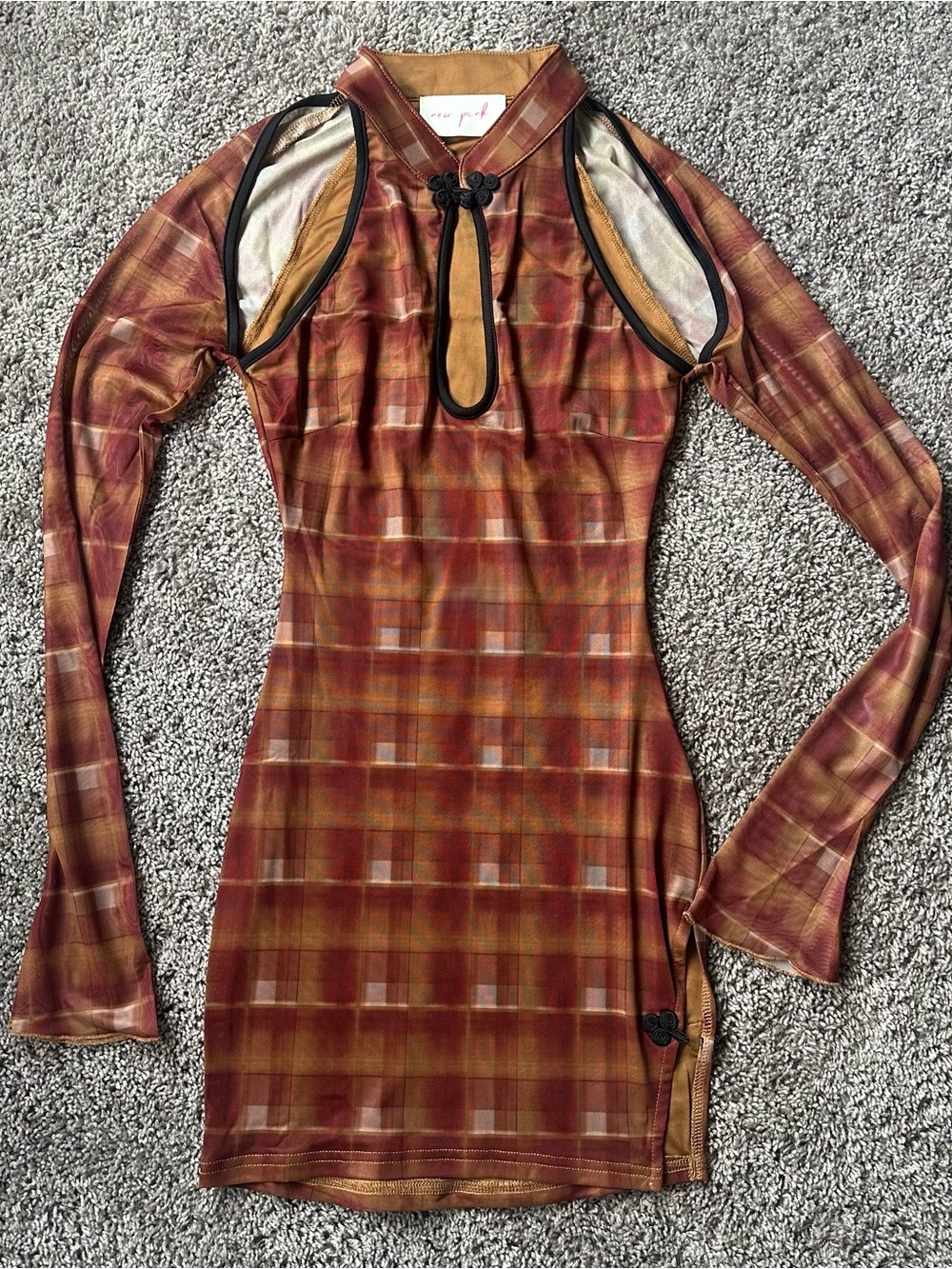 Dolls Kill Long-Sleeve Plaid Bodycon Dress in Rust & Gold Tones